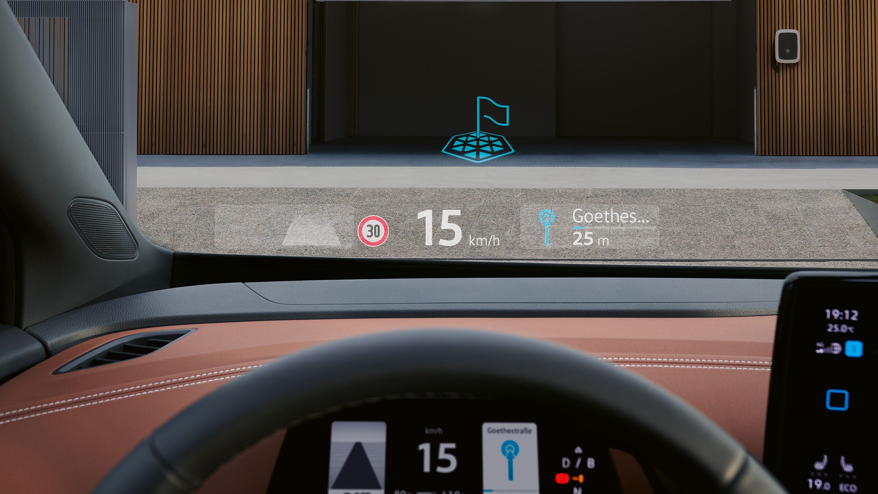 No interior de um VW ID-5, o Head-up Display opcional com realidade aumentada projeta informações diretamente no campo de visão do para-brisas.