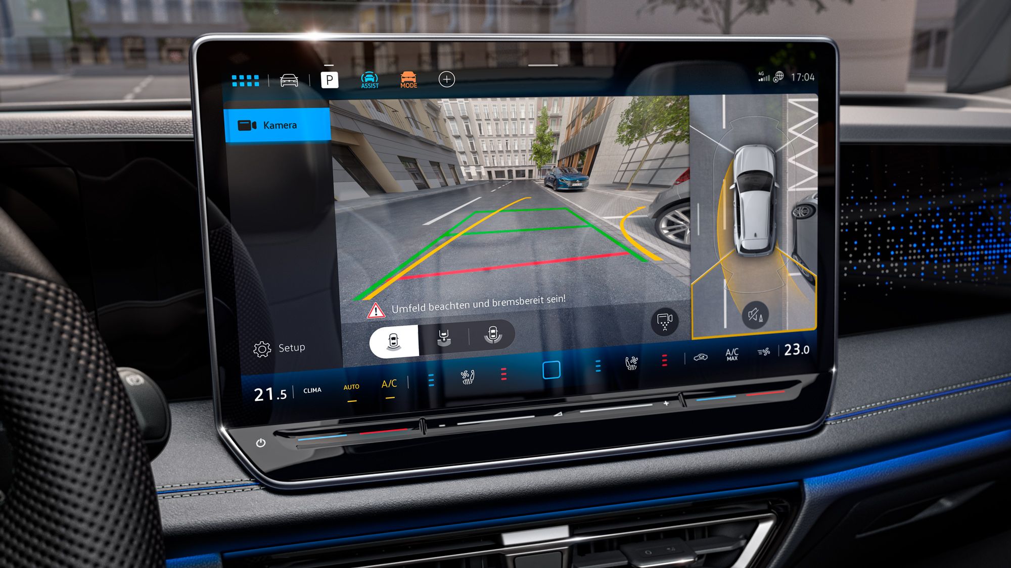 Indicação da vista periférica Area View opcional no visor digital do VW Tiguan. 