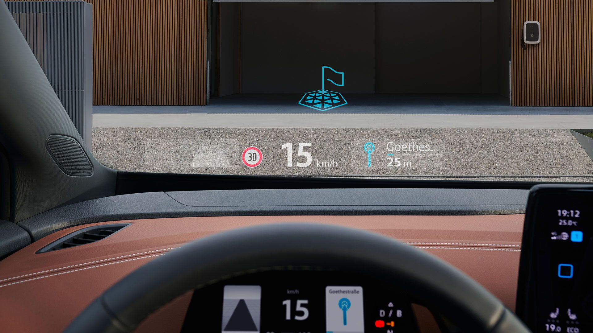 Vista de dentro para o para-brisas de um VW ID.5 com Head-up-Display